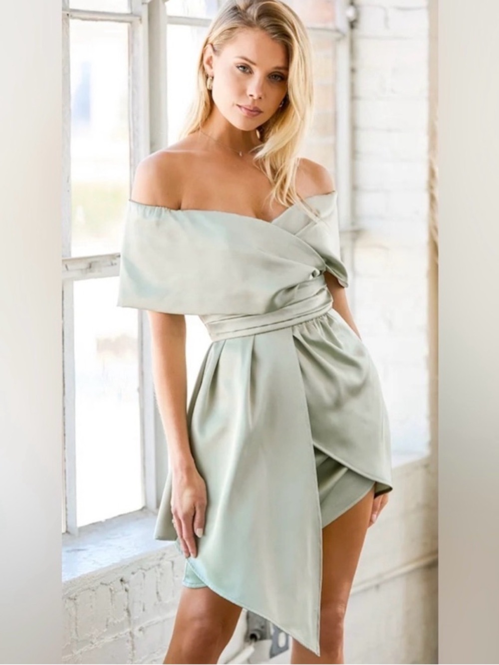 Lulu's One-Shoulder Satin Mini Dress in Sage